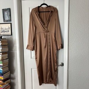 Reformation 100% silk Lyon shirt wrap cocktail dress size 12 in bronze